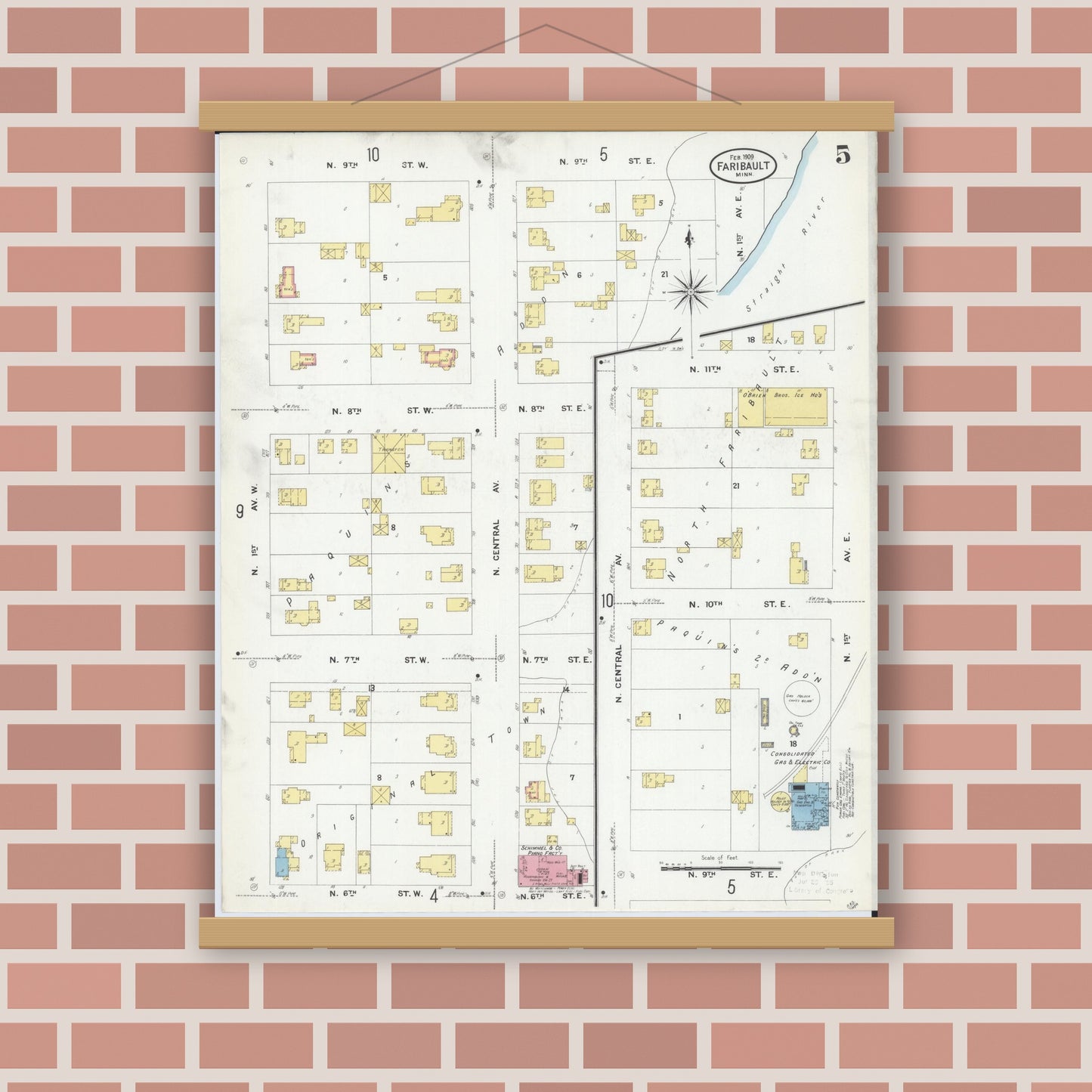 Old map wall art mockup — magnetic wood frame on brick wall — Sanborn Fire Insurance Map from Faribault, Rice County, Minnesota (1909), Sheet #0005