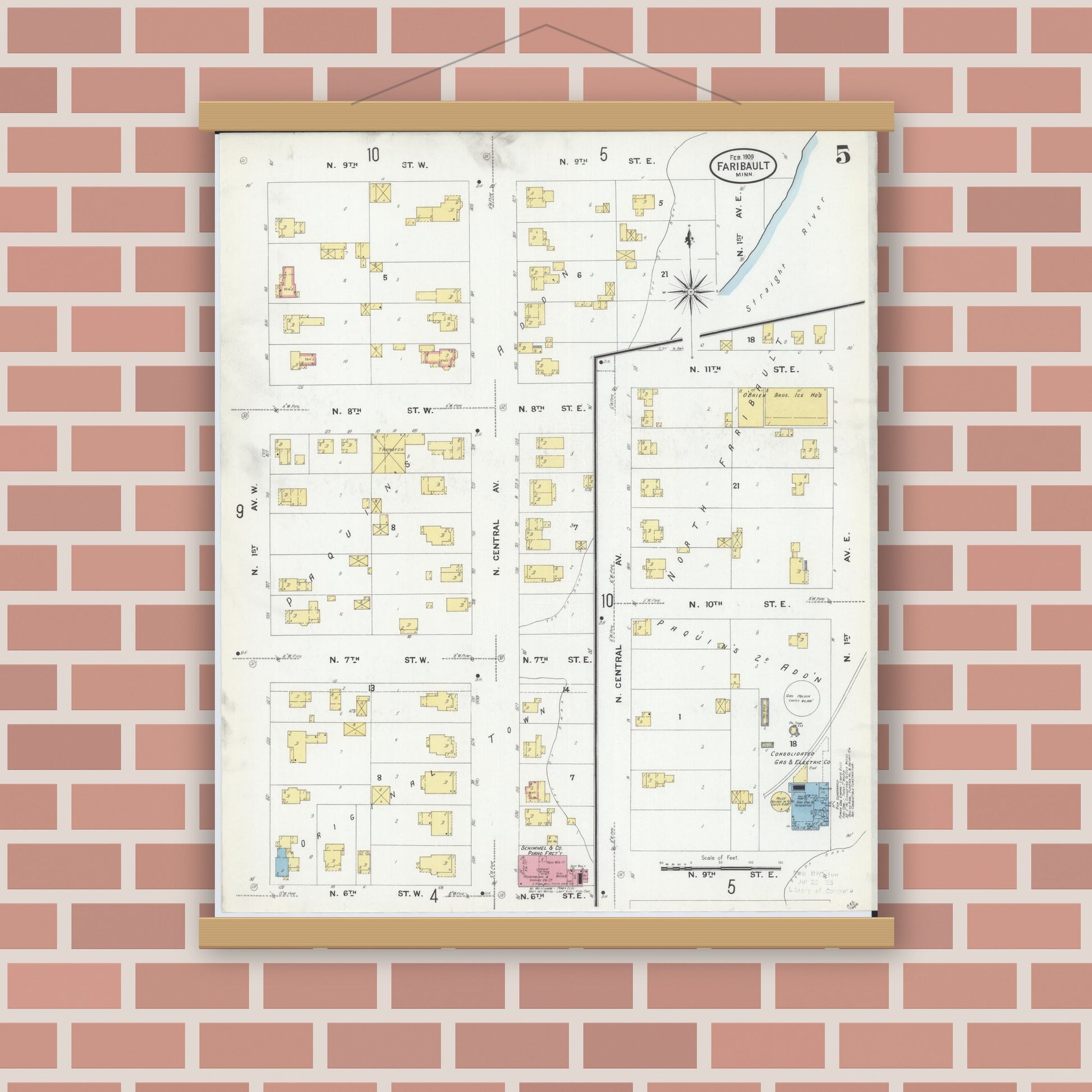 Old map wall art mockup — magnetic wood frame on brick wall — Sanborn Fire Insurance Map from Faribault, Rice County, Minnesota (1909), Sheet #0005