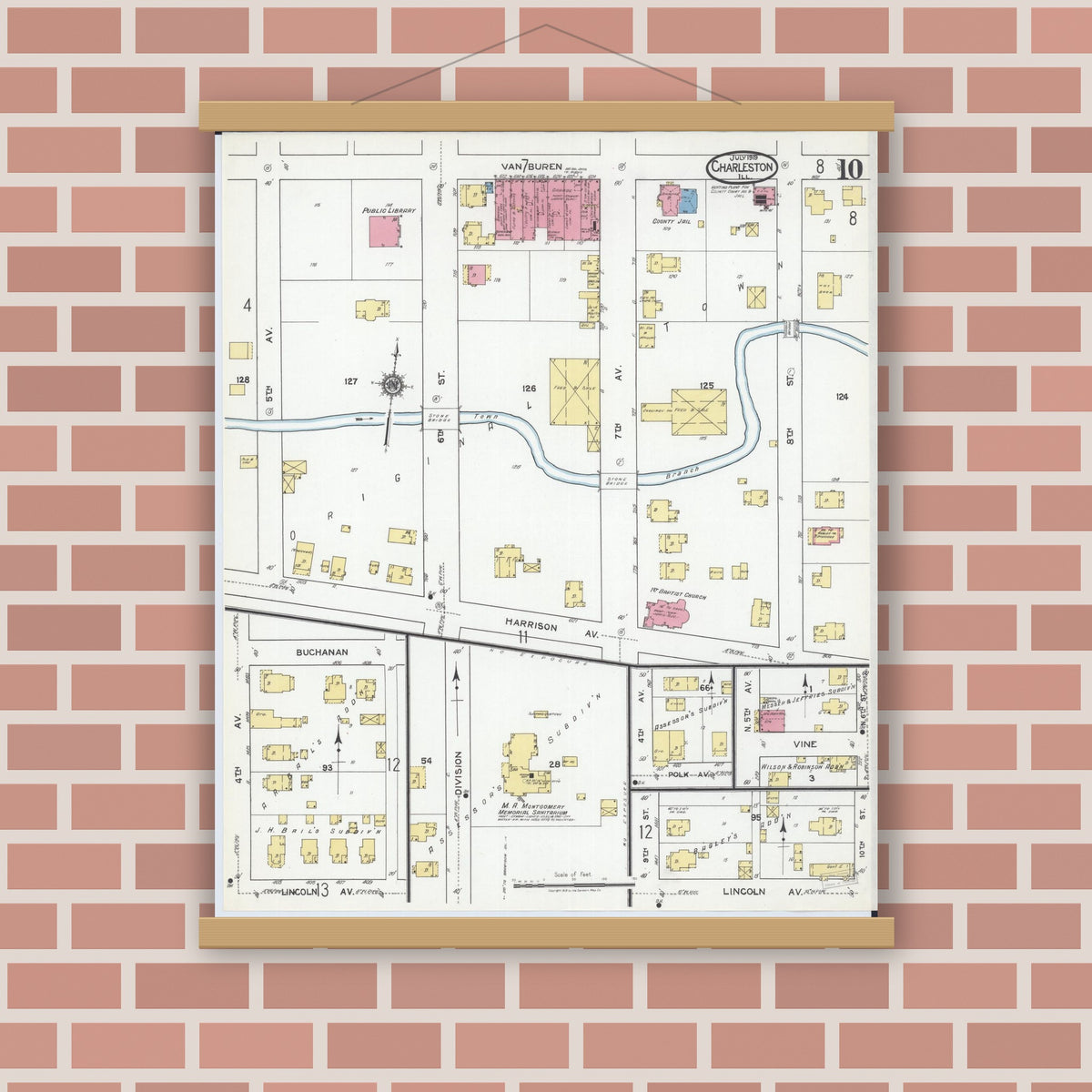 Old map wall art mockup — magnetic wood frame on brick wall — Sanborn Fire Insurance Map from Charleston, Coles County, Illinois (1919), Sheet #0010