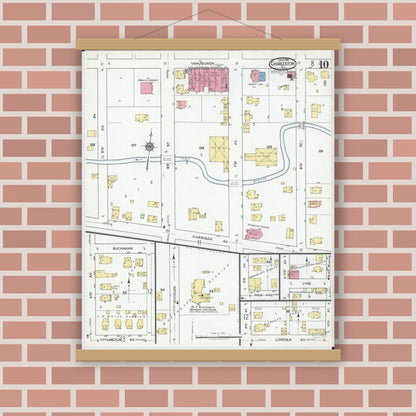Old map wall art mockup — magnetic wood frame on brick wall — Sanborn Fire Insurance Map from Charleston, Coles County, Illinois (1919), Sheet #0010