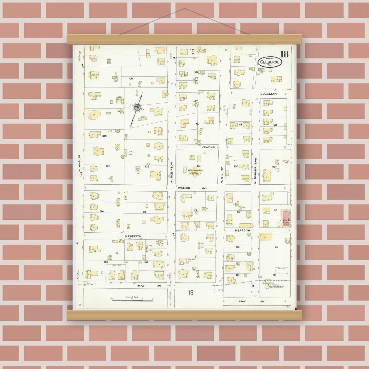 Old map wall art mockup — magnetic wood frame on brick wall — Sanborn Fire Insurance Map from Cleburne, Johnson County, Texas (1910), Sheet #0018