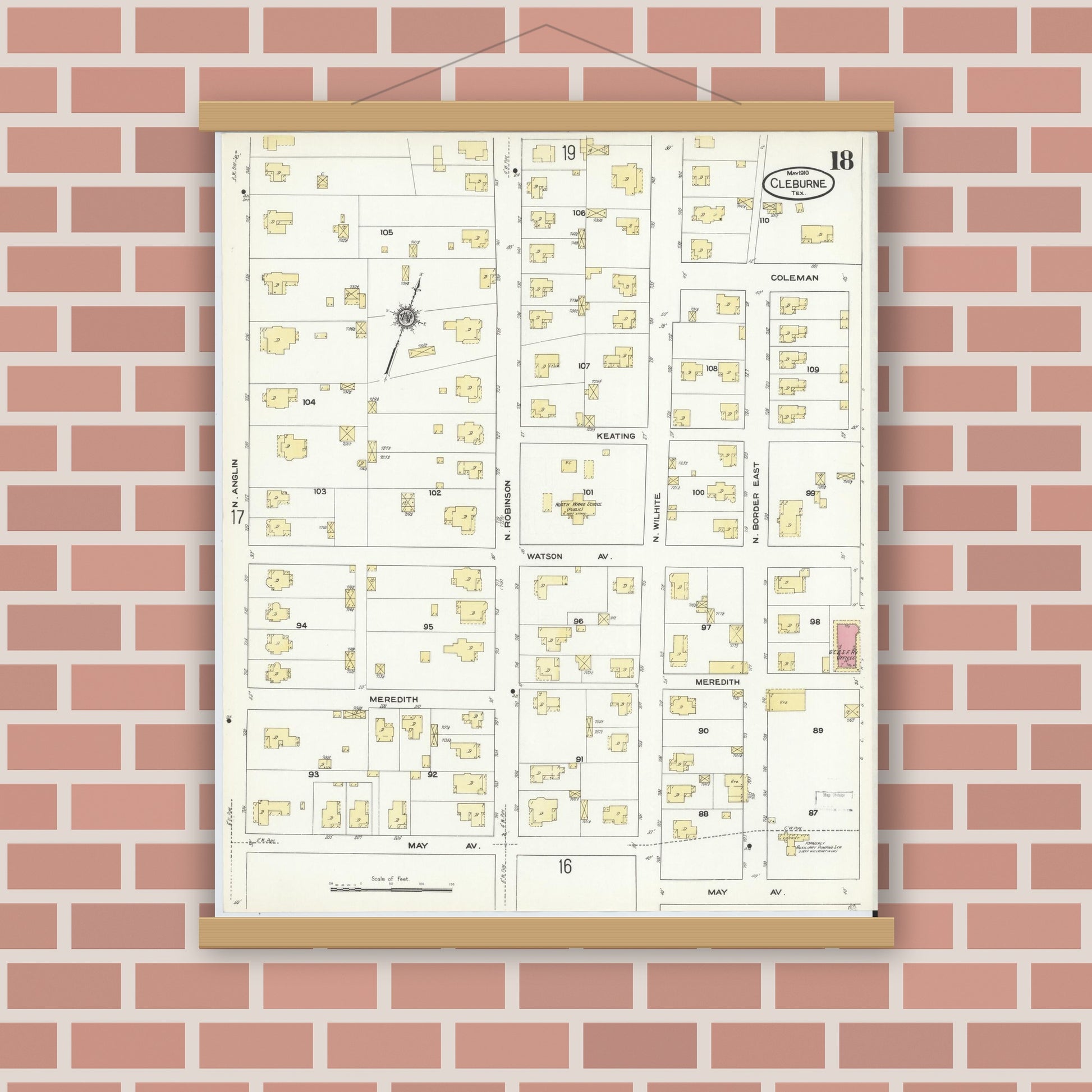 Old map wall art mockup — magnetic wood frame on brick wall — Sanborn Fire Insurance Map from Cleburne, Johnson County, Texas (1910), Sheet #0018