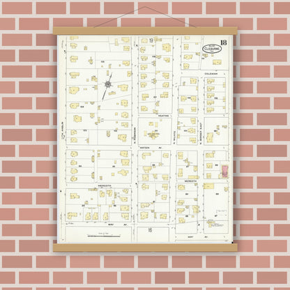 Old map wall art mockup — magnetic wood frame on brick wall — Sanborn Fire Insurance Map from Cleburne, Johnson County, Texas (1910), Sheet #0018