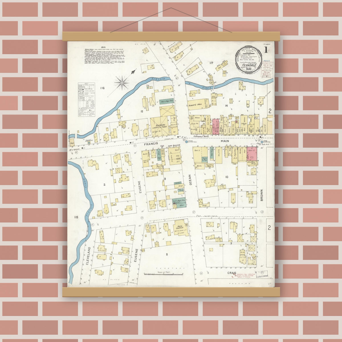 Old map wall art mockup — magnetic wood frame on brick wall — Sanborn Fire Insurance Map from Ferndale, Humboldt County, California (1900) - Complete Map Set