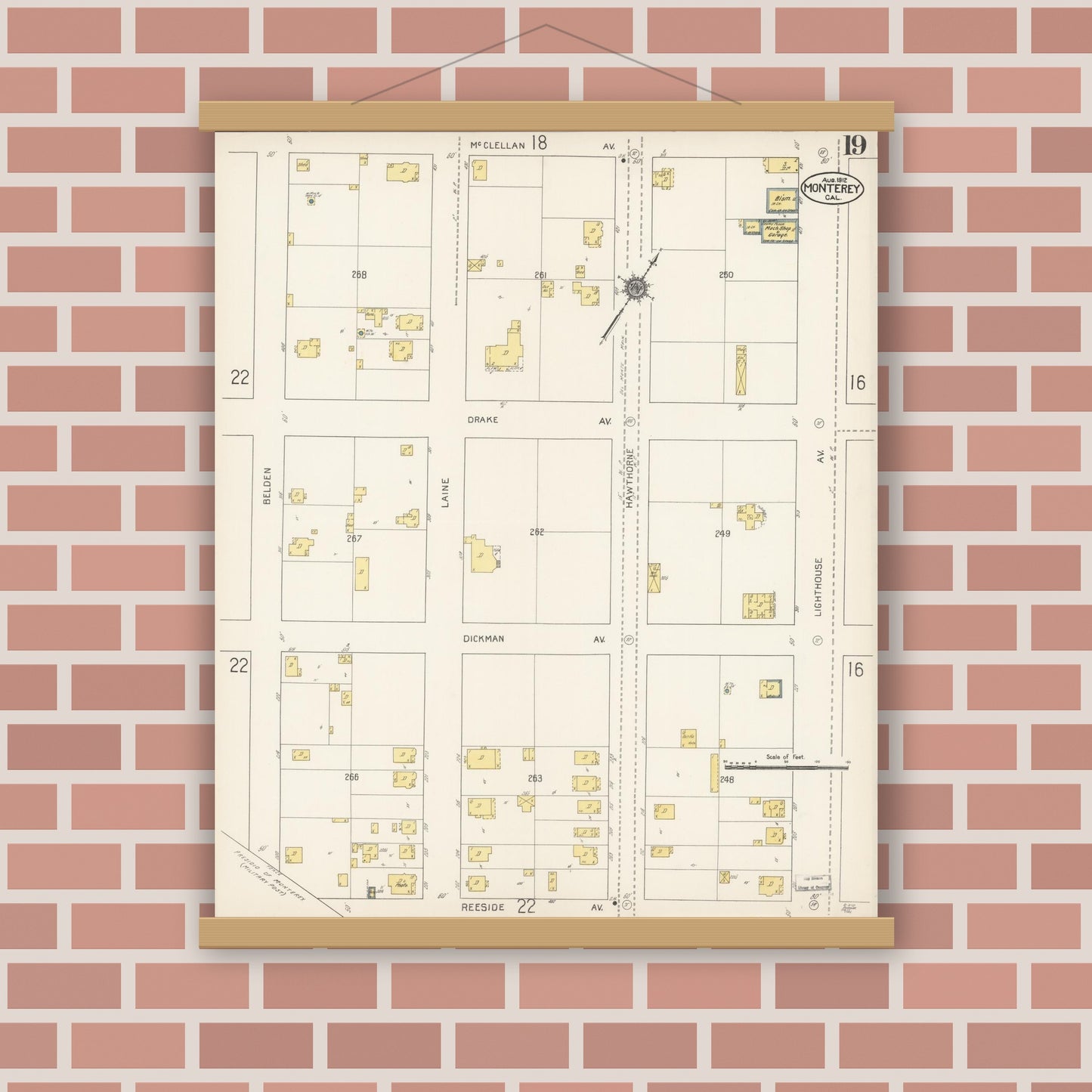 Old map wall art mockup — magnetic wood frame on brick wall — Sanborn Fire Insurance Map from Monterey, Monterey County, California (1912), Sheet #0019