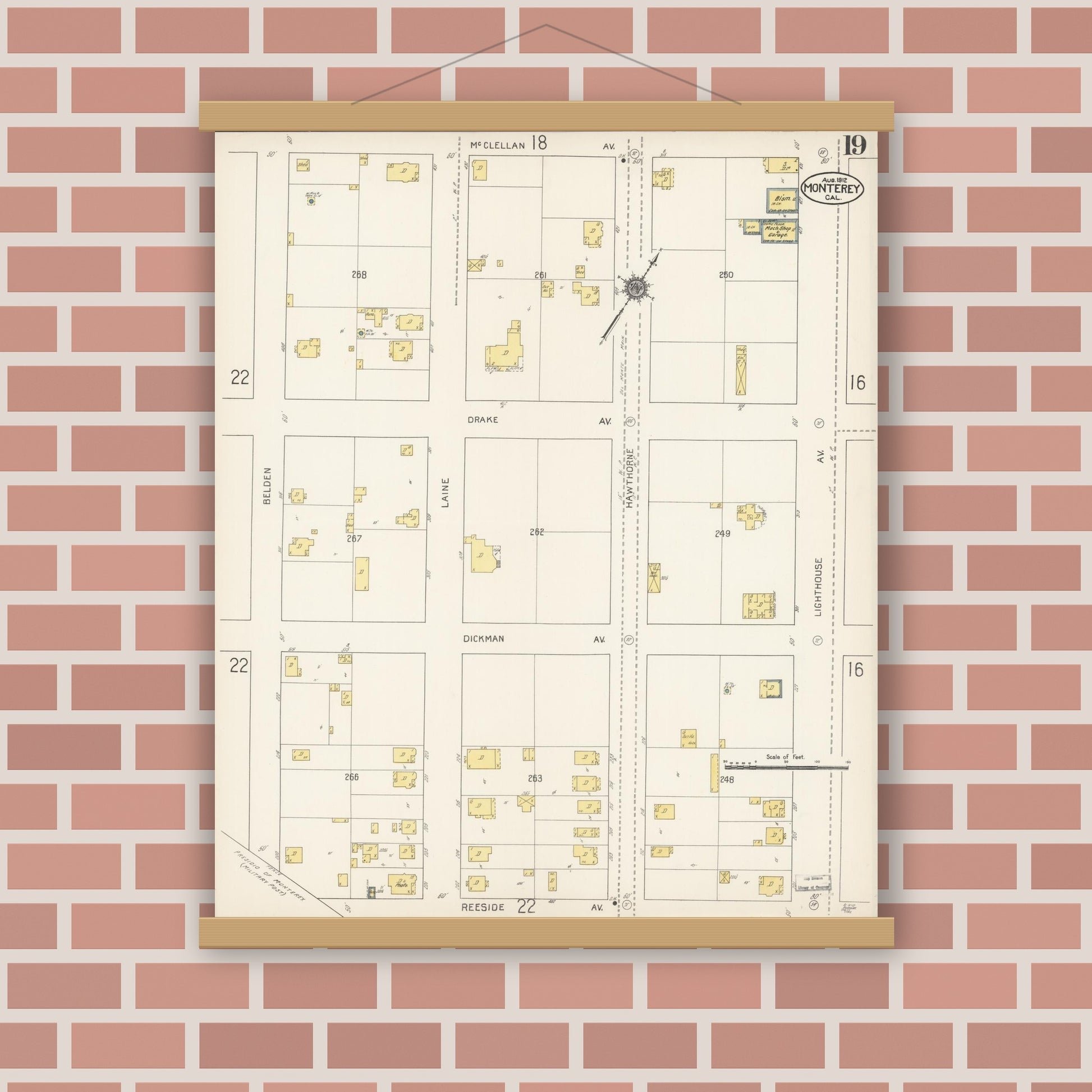 Old map wall art mockup — magnetic wood frame on brick wall — Sanborn Fire Insurance Map from Monterey, Monterey County, California (1912), Sheet #0019