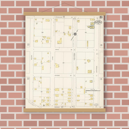 Old map wall art mockup — magnetic wood frame on brick wall — Sanborn Fire Insurance Map from Monterey, Monterey County, California (1912), Sheet #0019