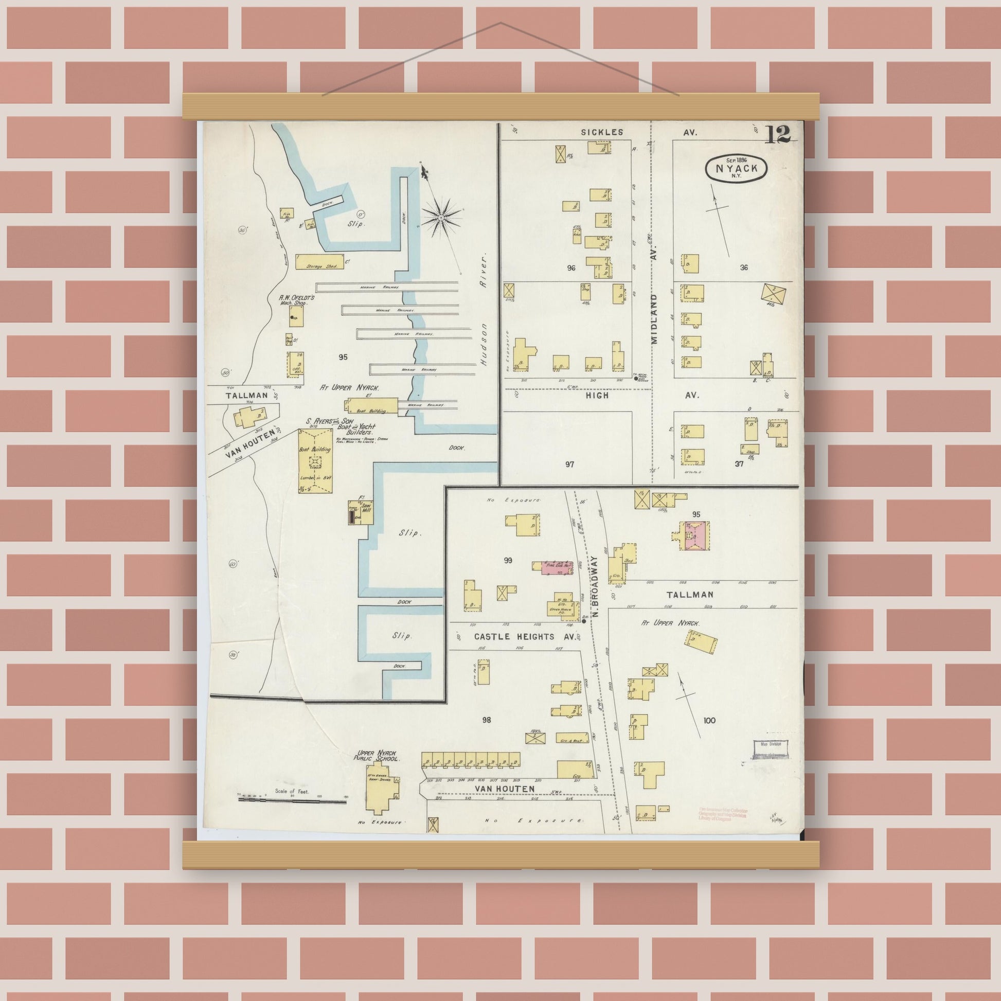 Old map wall art mockup — magnetic wood frame on brick wall — Sanborn Fire Insurance Map from Nyack, Rockland County, New York. (1896), Sheet #0012