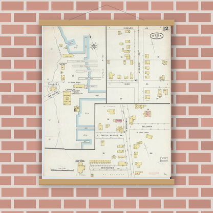 Old map wall art mockup — magnetic wood frame on brick wall — Sanborn Fire Insurance Map from Nyack, Rockland County, New York. (1896), Sheet #0012
