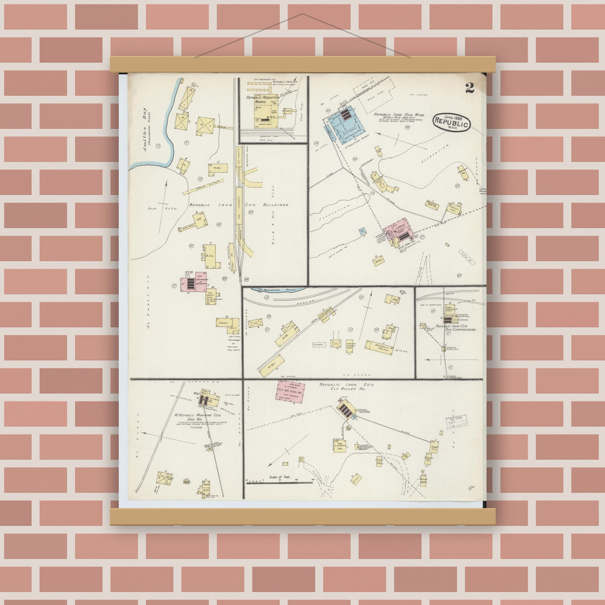 Old map wall art mockup — magnetic wood frame on brick wall — Sanborn Fire Insurance Map from Republic, Marquette County, Michigan (1888), Sheet #0002