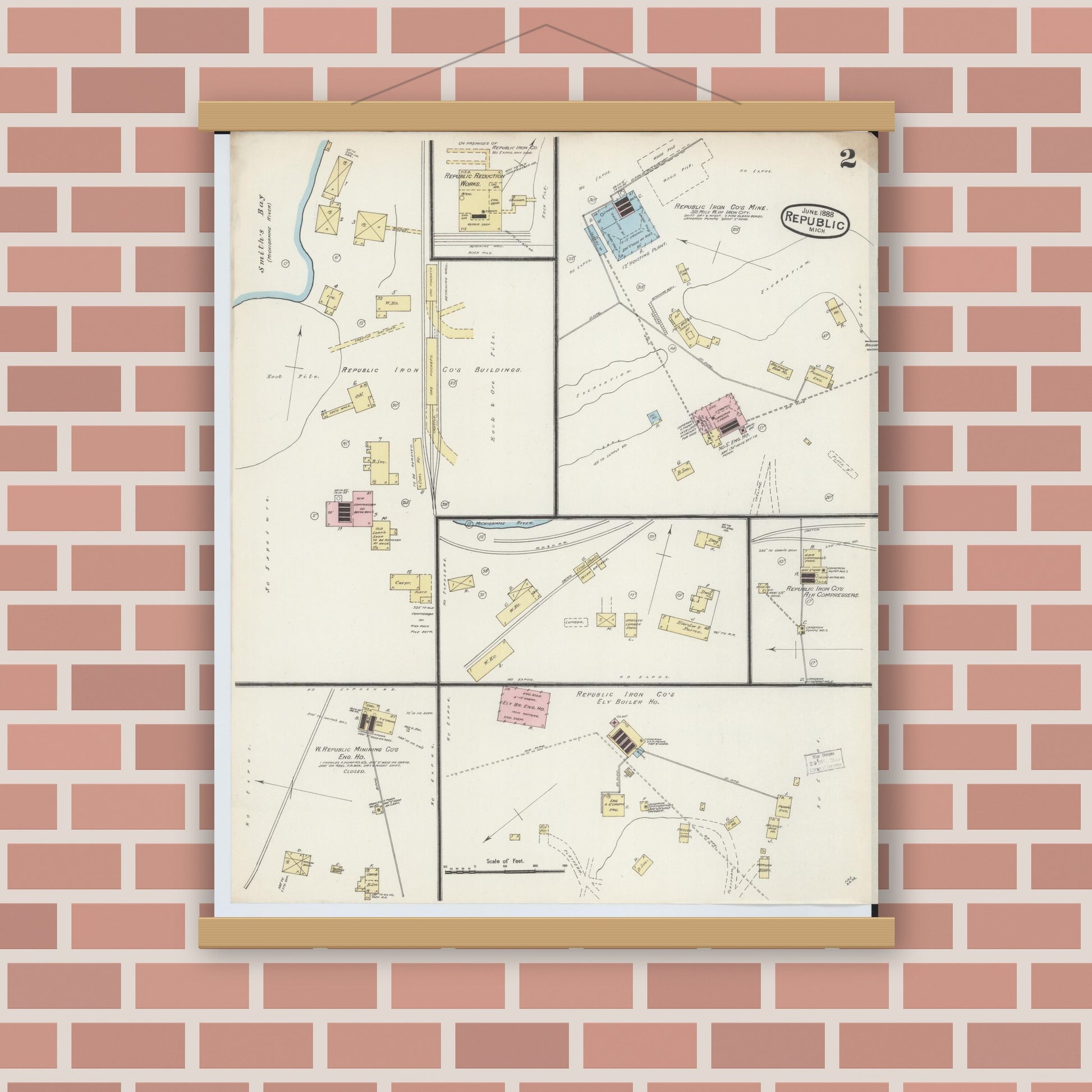 Old map wall art mockup — magnetic wood frame on brick wall — Sanborn Fire Insurance Map from Republic, Marquette County, Michigan (1888), Sheet #0002