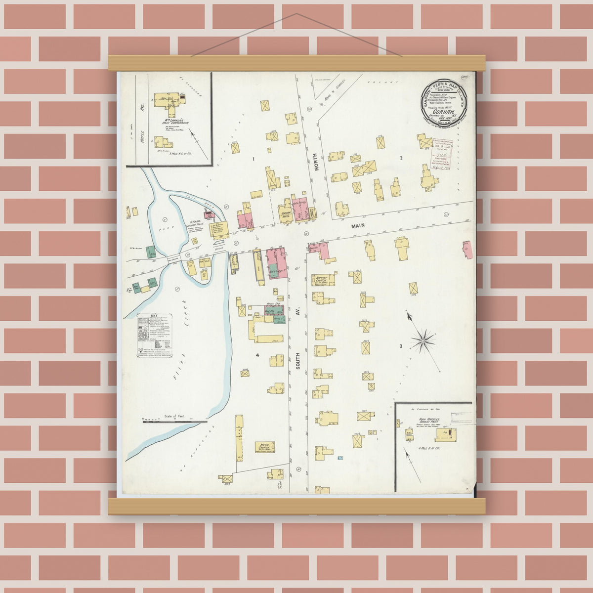 Old map wall art mockup — magnetic wood frame on brick wall — Sanborn Fire Insurance Map from Gorham, Ontario County, New York (1899), Sheet #0001
