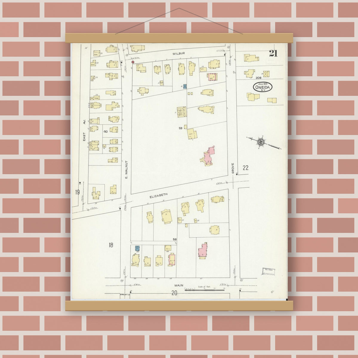 Old map wall art mockup — magnetic wood frame on brick wall — Sanborn Fire Insurance Map from Oneida, Madison County, New York (1914), Sheet #0021