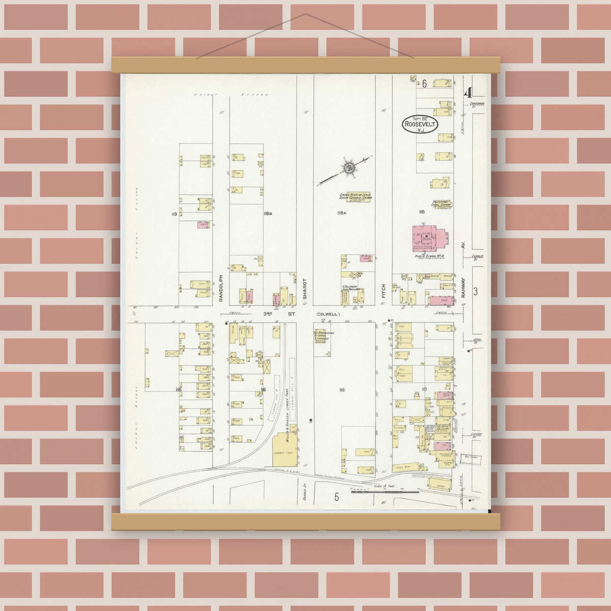 Old map wall art mockup — magnetic wood frame on brick wall — Sanborn Fire Insurance Map from Roosevelt, Middlesex County, New Jersey (1912), Sheet #0004