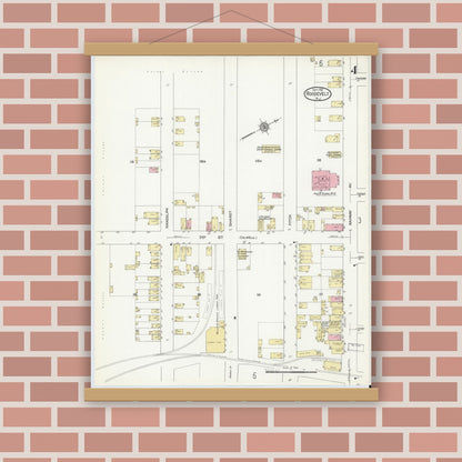 Old map wall art mockup — magnetic wood frame on brick wall — Sanborn Fire Insurance Map from Roosevelt, Middlesex County, New Jersey (1912), Sheet #0004
