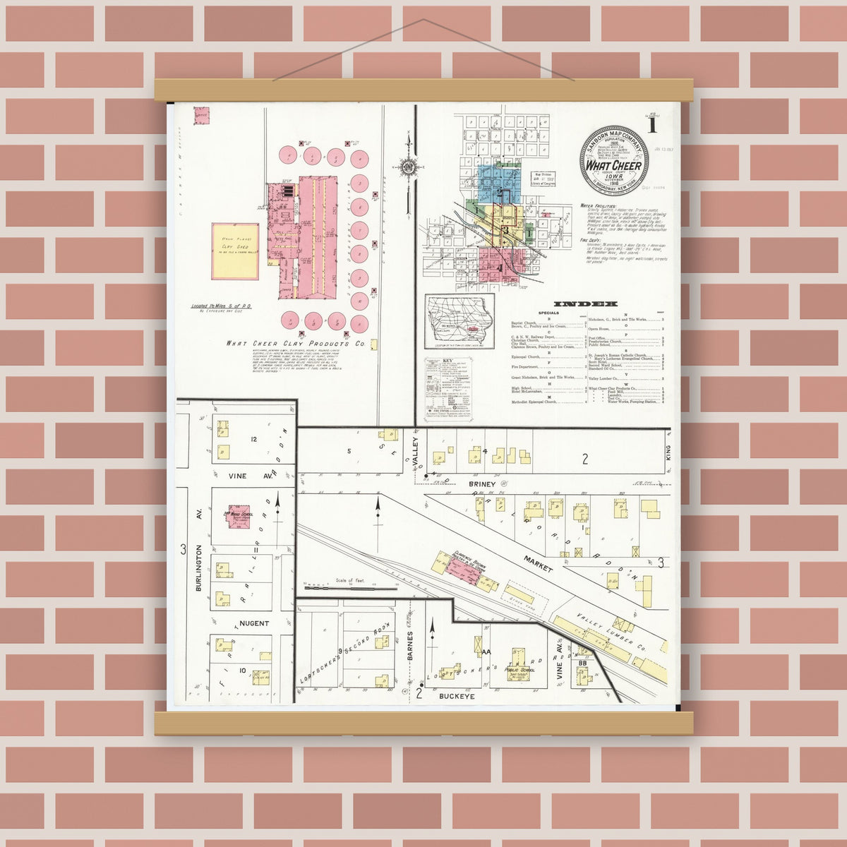 Old map wall art mockup — magnetic wood frame on brick wall — Sanborn Fire Insurance Map from What Cheer, Keokuk County, Iowa (1916), Sheet #0001