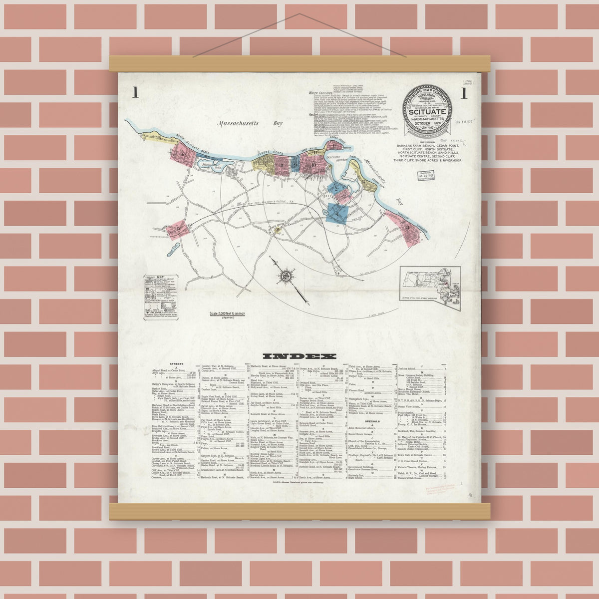 Old map wall art mockup — magnetic wood frame on brick wall — Sanborn Fire Insurance Map from Scituate, Plymouth County, Massachusetts (1926), Sheet #0001