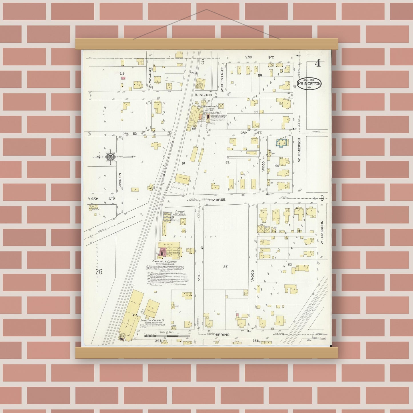 Old map wall art mockup — magnetic wood frame on brick wall — Sanborn Fire Insurance Map from Princeton, Gibson County, Indiana (1914), Sheet #0004