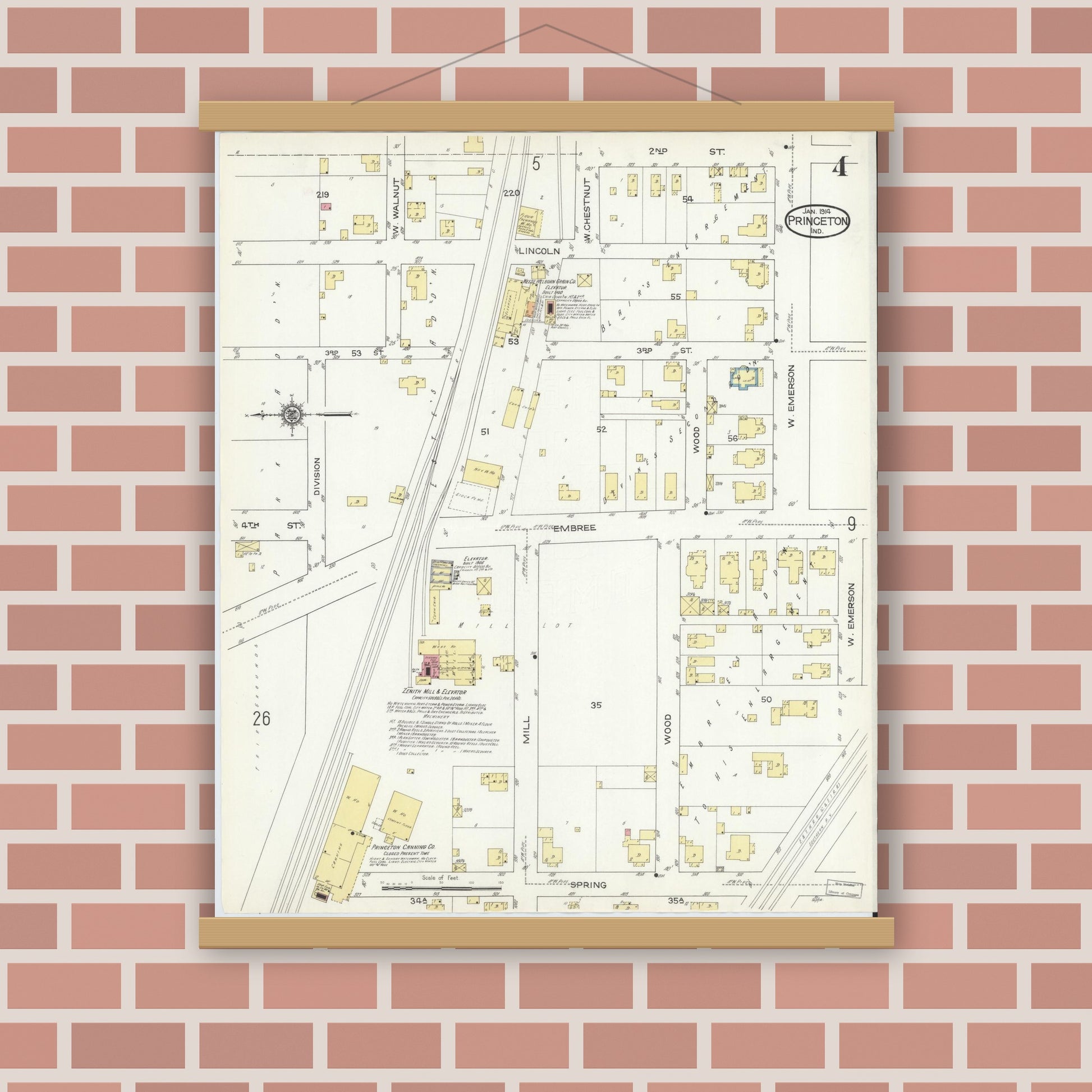 Old map wall art mockup — magnetic wood frame on brick wall — Sanborn Fire Insurance Map from Princeton, Gibson County, Indiana (1914), Sheet #0004