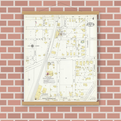 Old map wall art mockup — magnetic wood frame on brick wall — Sanborn Fire Insurance Map from Princeton, Gibson County, Indiana (1914), Sheet #0004