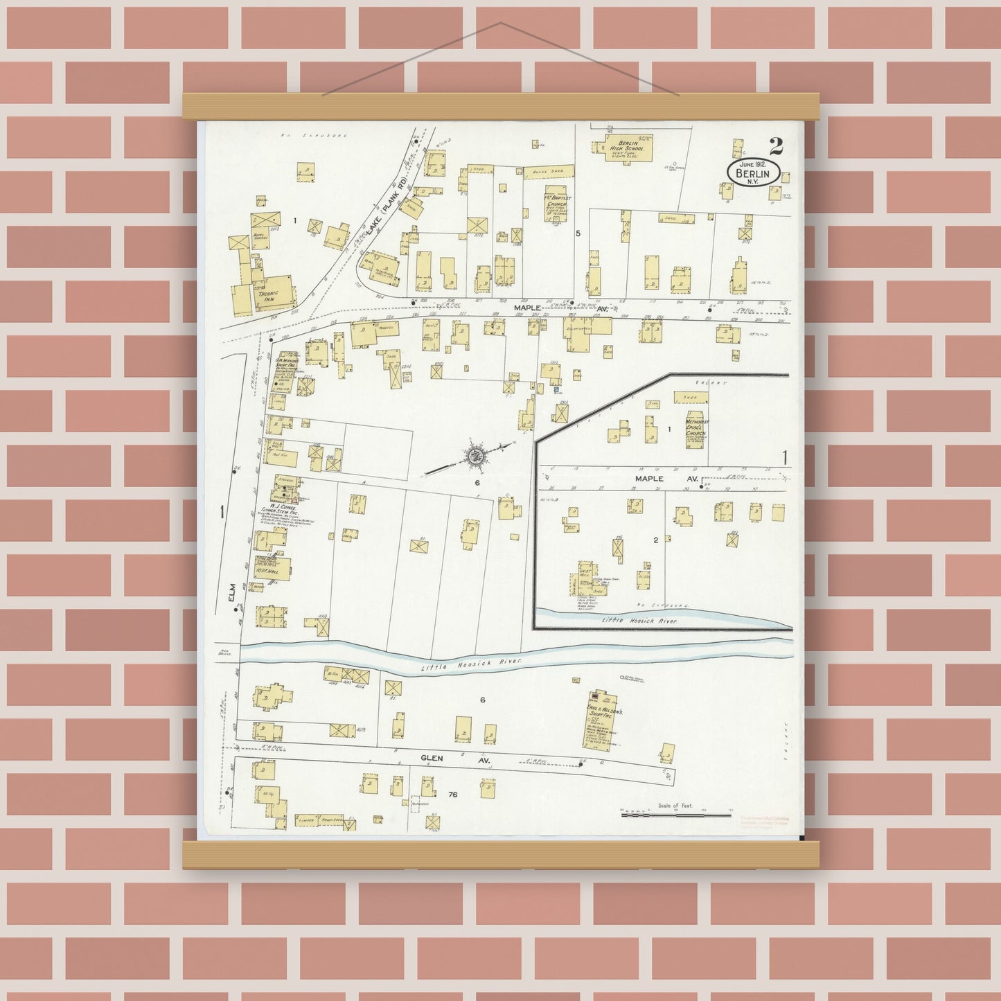 Old map wall art mockup — magnetic wood frame on brick wall — Sanborn Fire Insurance Map from Berlin, Rensselaer County, New York (1912), Sheet #0002