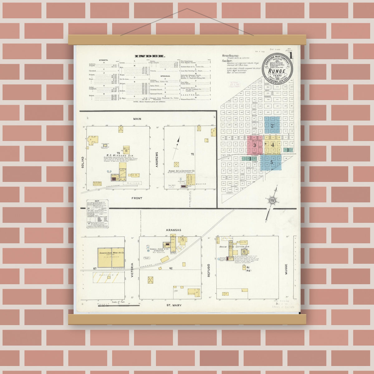 Old map wall art mockup — magnetic wood frame on brick wall — Sanborn Fire Insurance Map from Runge, Karnes County, Texas (1912) - Complete Map Set