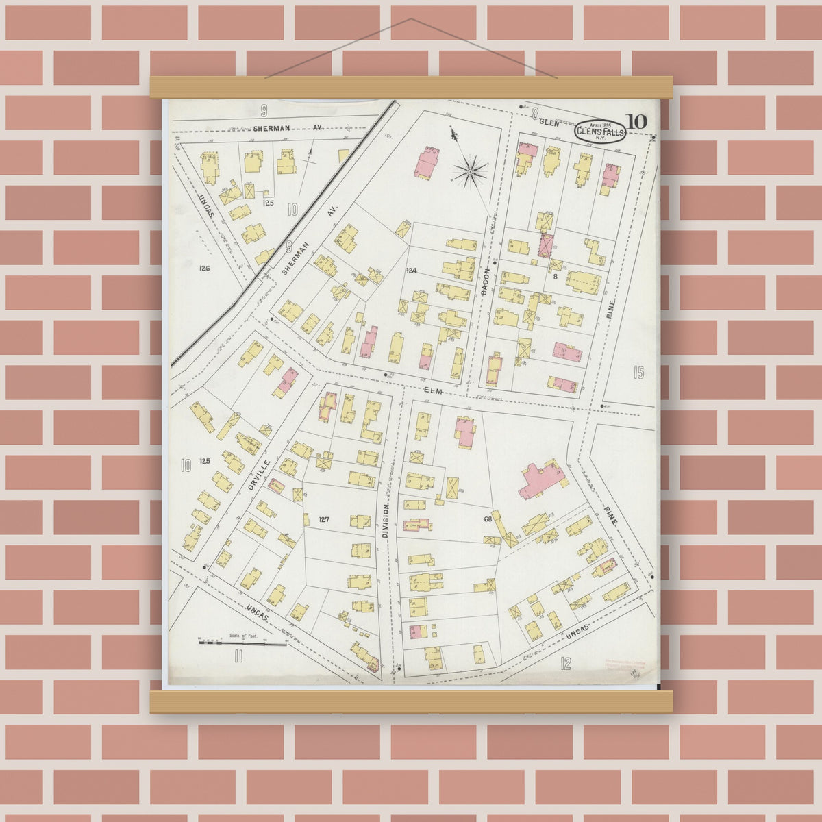 Old map wall art mockup — magnetic wood frame on brick wall — Sanborn Fire Insurance Map from Glens Falls, Warren County, New York (1895), Sheet #0010