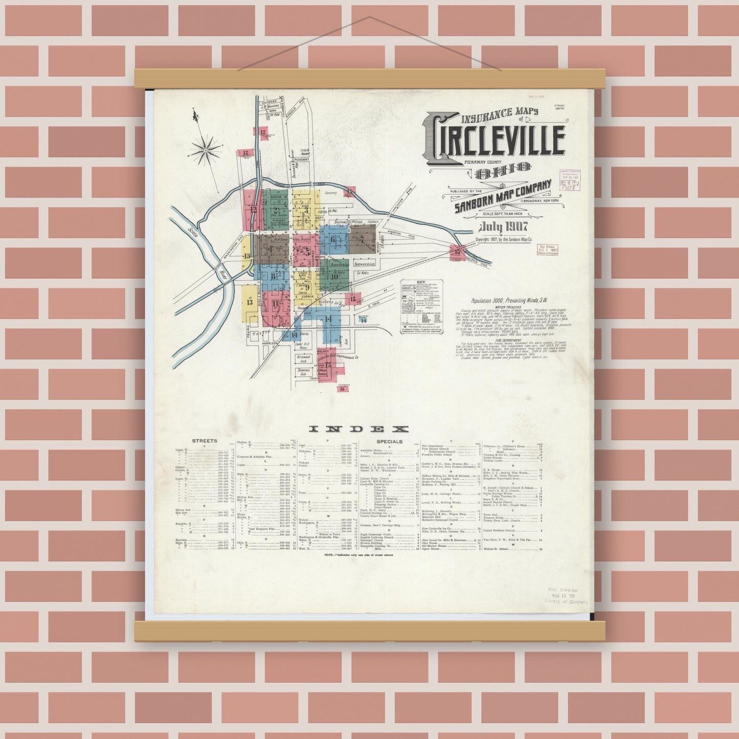 Old map wall art mockup — magnetic wood frame on brick wall — Sanborn Fire Insurance Map from Circleville, Pickaway County, Ohio (1907), Sheet #0001