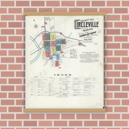 Old map wall art mockup — magnetic wood frame on brick wall — Sanborn Fire Insurance Map from Circleville, Pickaway County, Ohio (1907), Sheet #0001