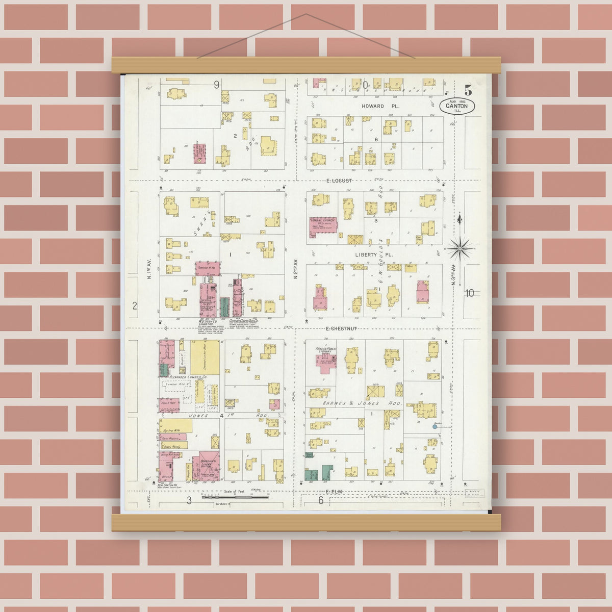 Old map wall art mockup — magnetic wood frame on brick wall — Sanborn Fire Insurance Map from Canton, Fulton County, Illinois (1902), Sheet #0005