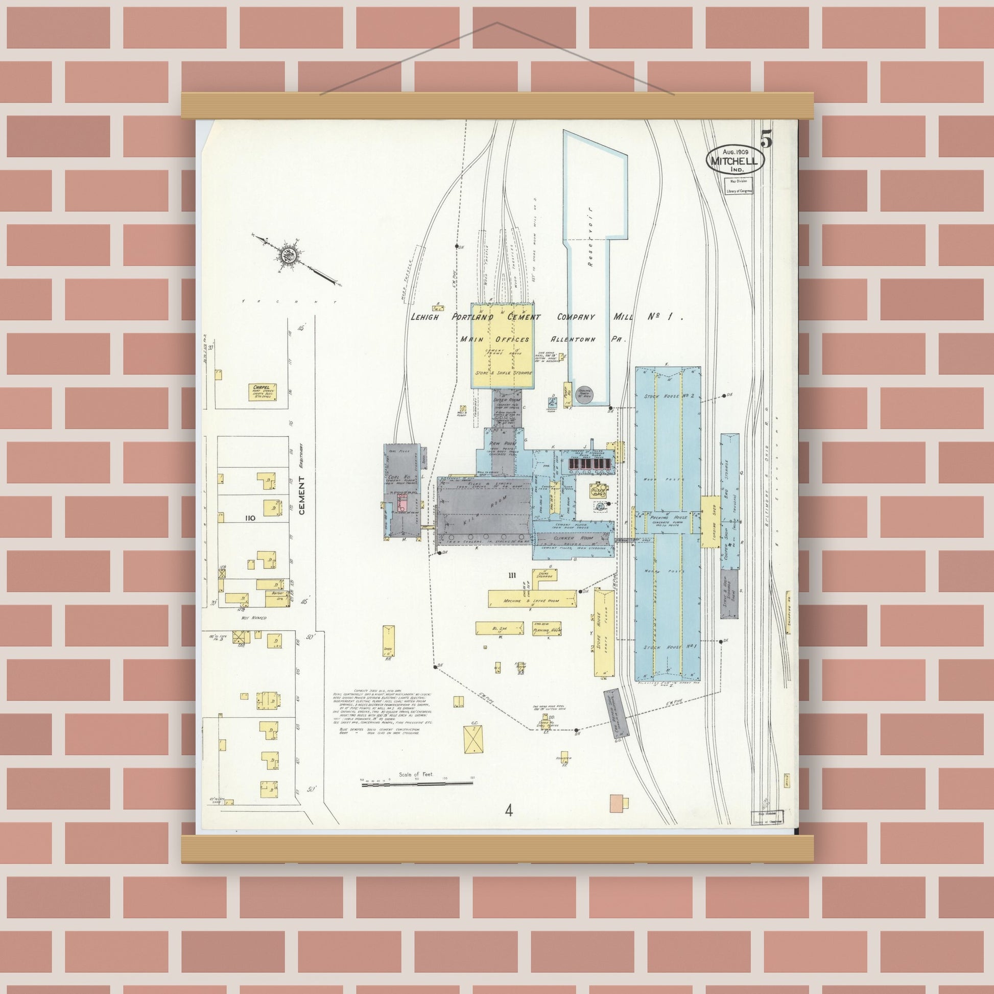Old map wall art mockup — magnetic wood frame on brick wall — Sanborn Fire Insurance Map from Mitchell, Lawrence County, Indiana (1909), Sheet #0005