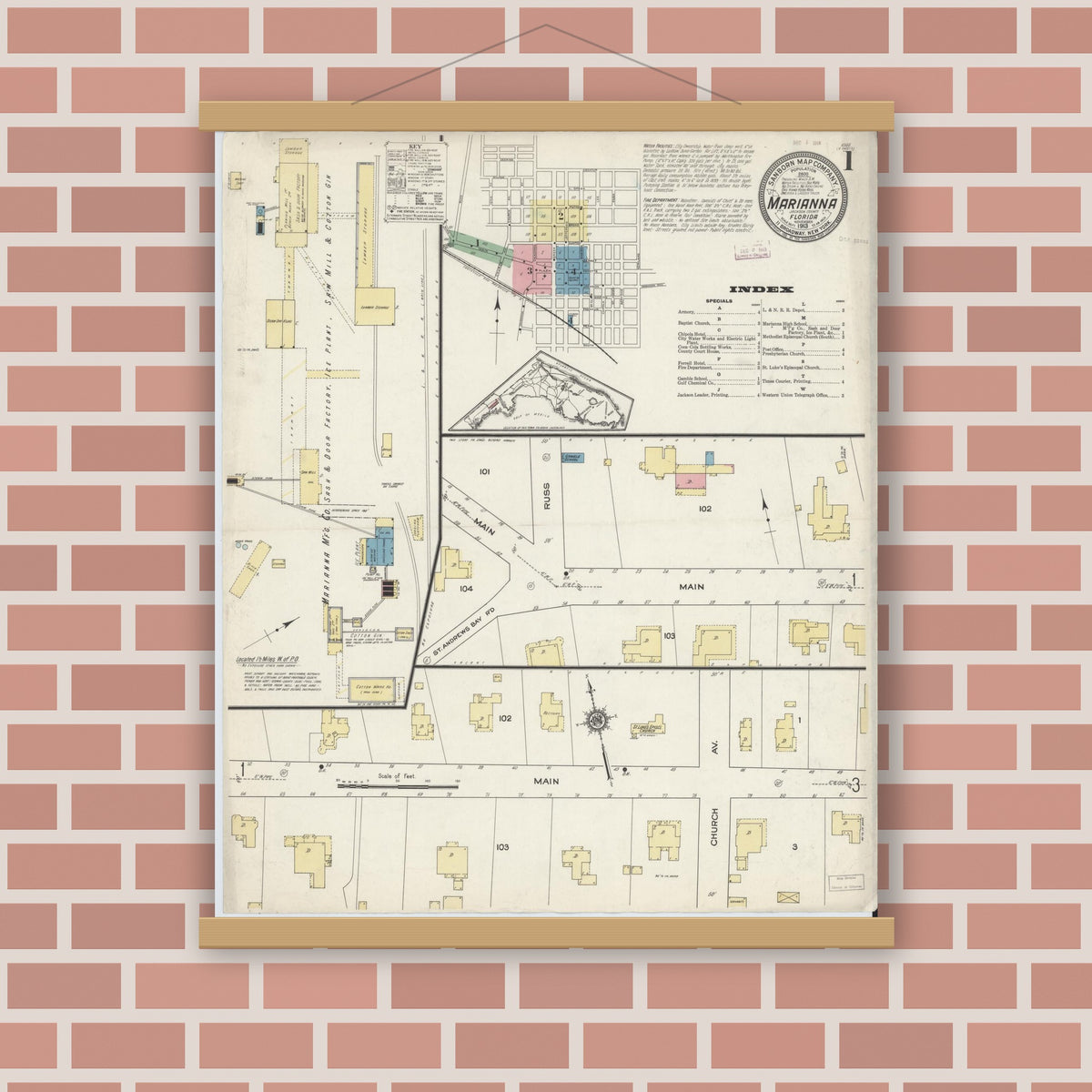 Old map wall art mockup — magnetic wood frame on brick wall — Sanborn Fire Insurance Map from Marianna, Jackson County, Florida (1913), Sheet #0001