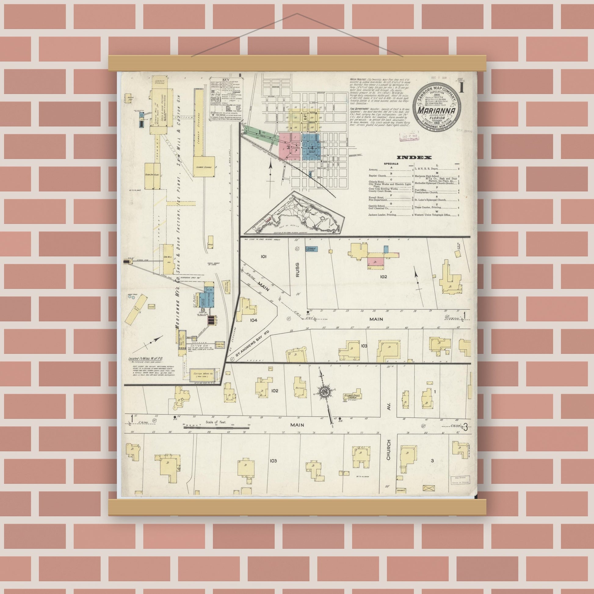Old map wall art mockup — magnetic wood frame on brick wall — Sanborn Fire Insurance Map from Marianna, Jackson County, Florida (1913), Sheet #0001
