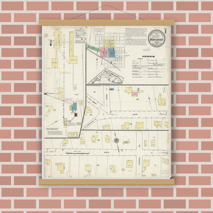 Old map wall art mockup — magnetic wood frame on brick wall — Sanborn Fire Insurance Map from Marianna, Jackson County, Florida (1913), Sheet #0001