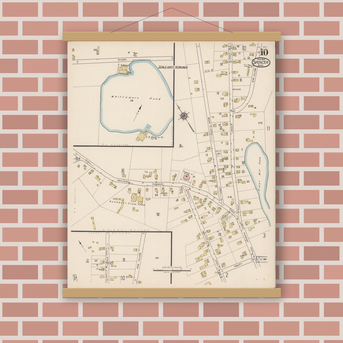 Old map wall art mockup — magnetic wood frame on brick wall — Sanborn Fire Insurance Map from Spencer, Worcester County, Massachusetts (1922), Sheet #0010