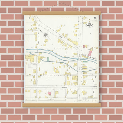 Old map wall art mockup — magnetic wood frame on brick wall — Sanborn Fire Insurance Map from Marion, Smyth County, Virginia (1908), Sheet #0002