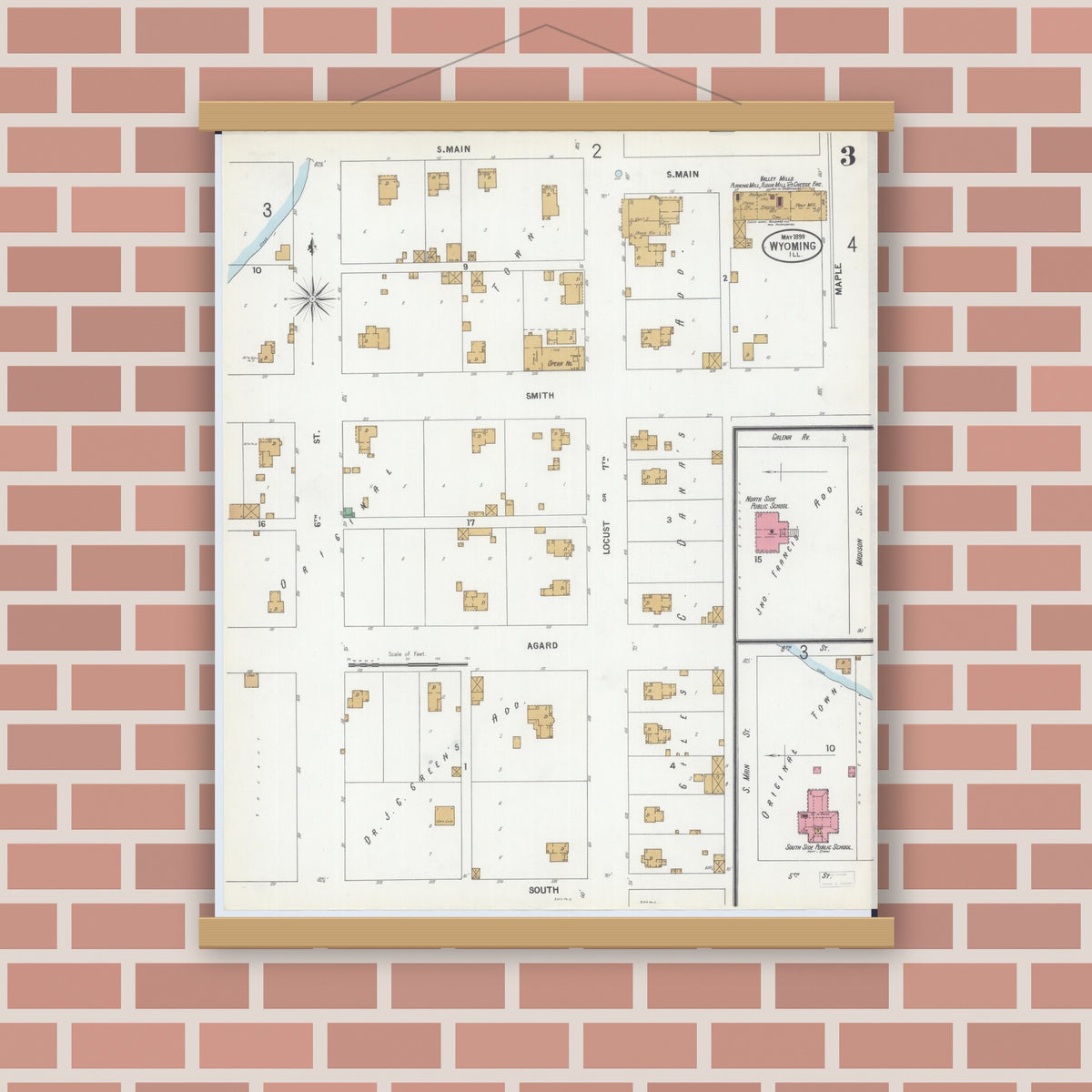 Old map wall art mockup — magnetic wood frame on brick wall — Sanborn Fire Insurance Map from Wyoming, Stark County, Illinois (1899), Sheet #0003