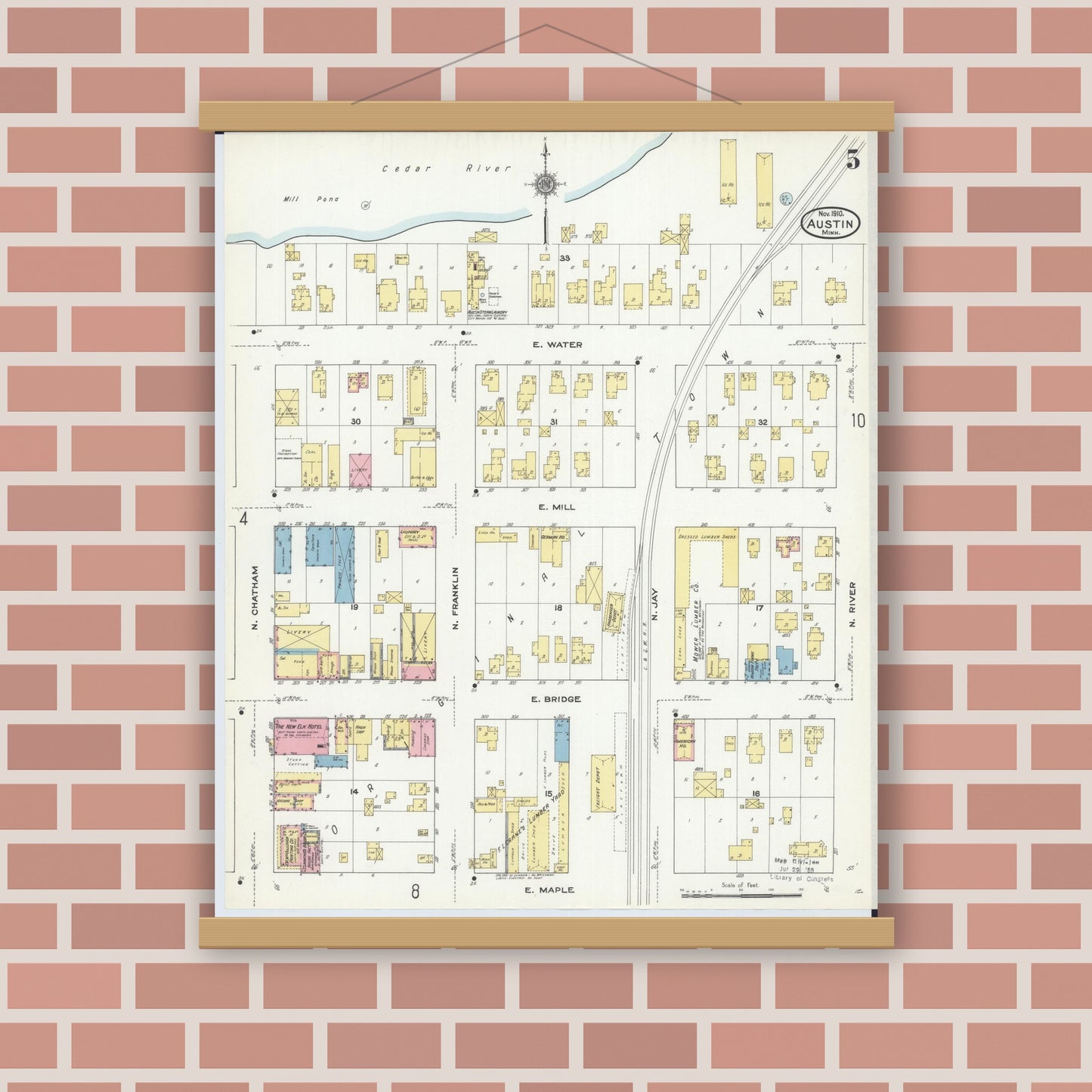 Old map wall art mockup — magnetic wood frame on brick wall — Sanborn Fire Insurance Map from Austin, Mower County, Minnesota (1910), Sheet #0005