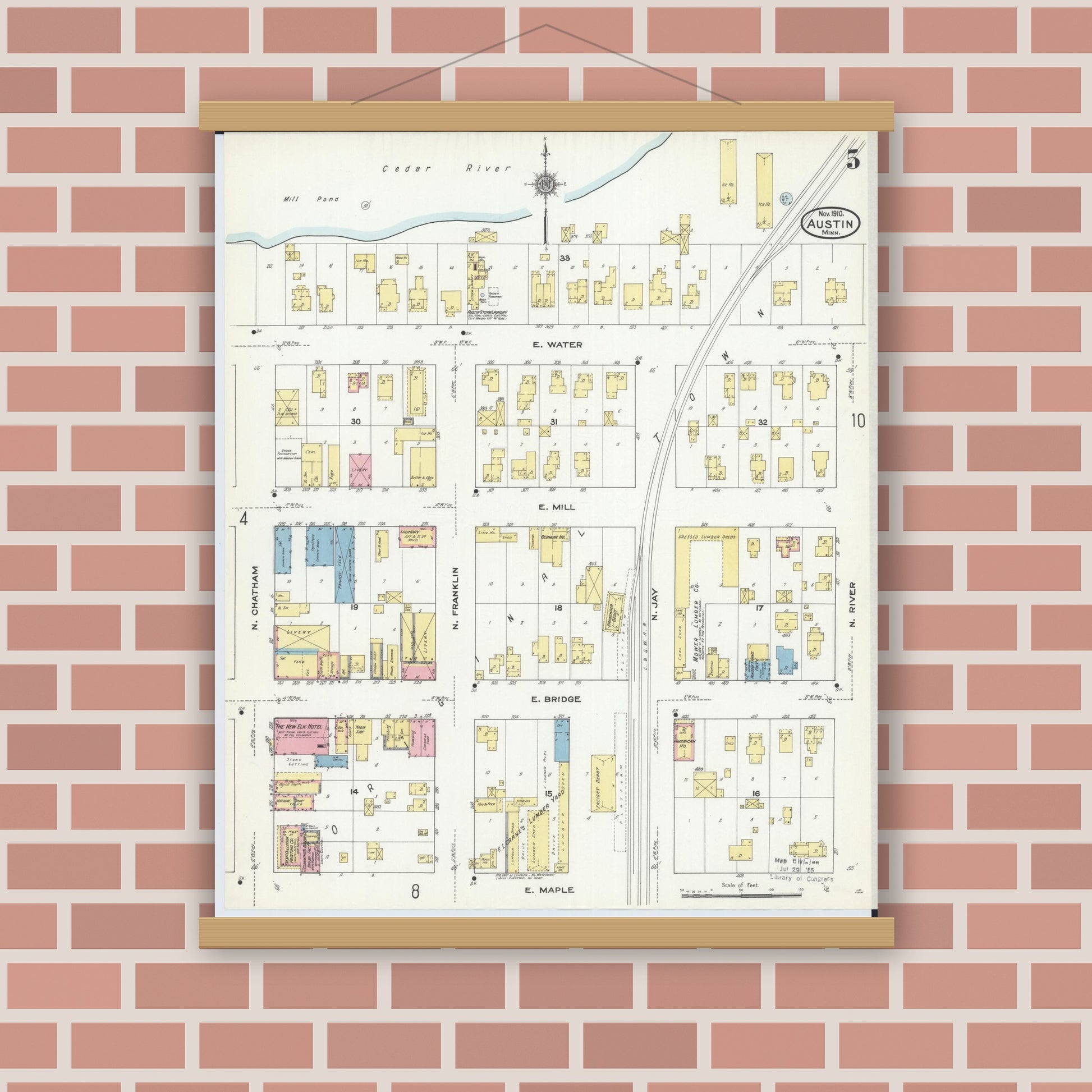 Old map wall art mockup — magnetic wood frame on brick wall — Sanborn Fire Insurance Map from Austin, Mower County, Minnesota (1910), Sheet #0005