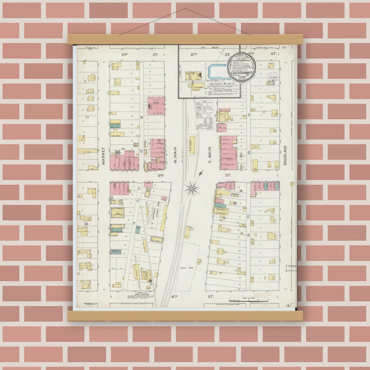 Old map wall art mockup — magnetic wood frame on brick wall — Sanborn Fire Insurance Map from Lee's Summit, Jackson County, Missouri (1893), Sheet #0001