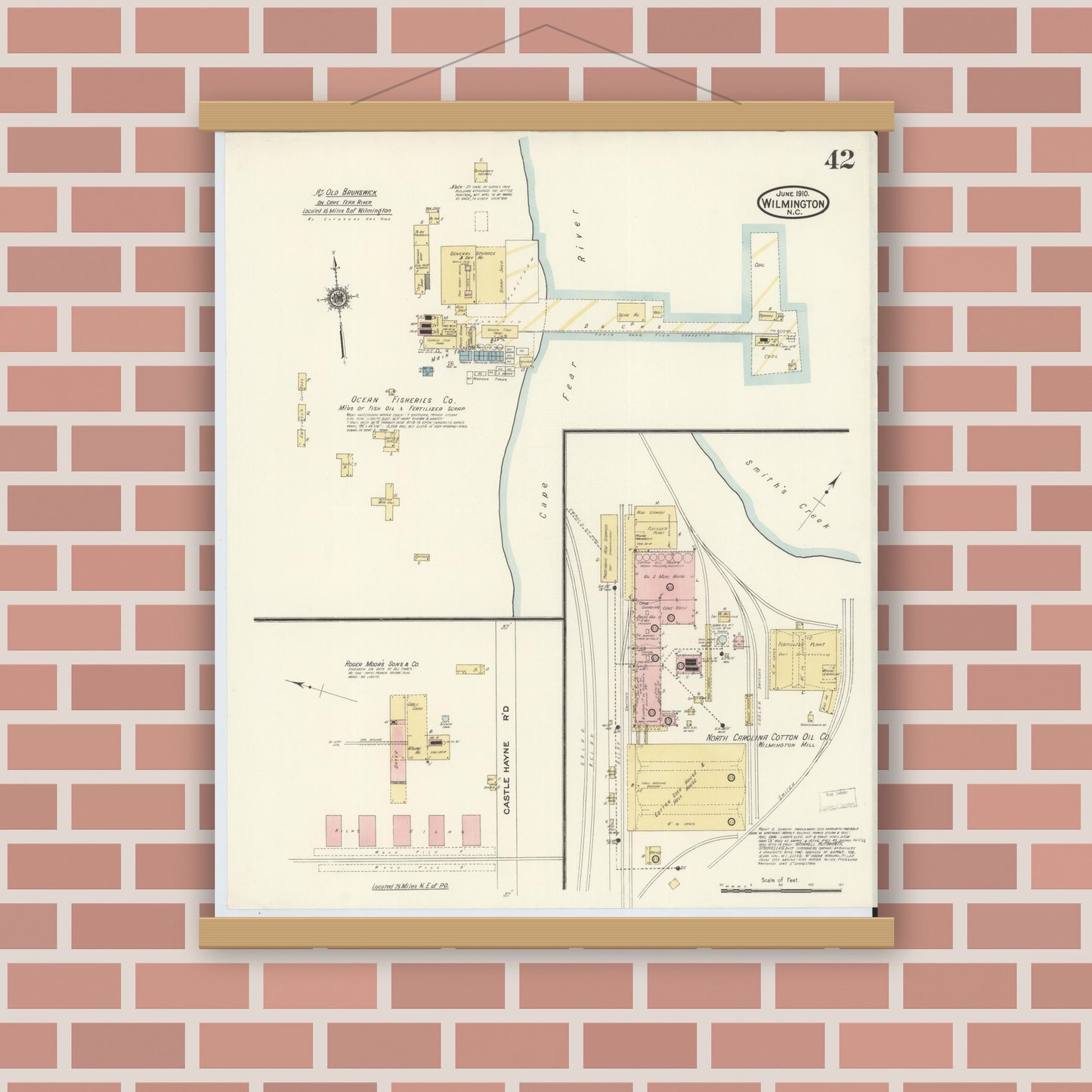 Old map wall art mockup — magnetic wood frame on brick wall — Sanborn Fire Insurance Map from Wilmington, New Hanover County, North Carolina (1910), Sheet #0042