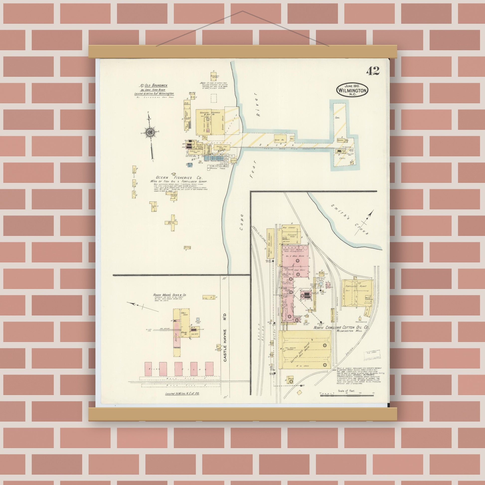 Old map wall art mockup — magnetic wood frame on brick wall — Sanborn Fire Insurance Map from Wilmington, New Hanover County, North Carolina (1910), Sheet #0042