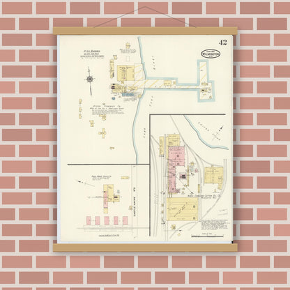 Old map wall art mockup — magnetic wood frame on brick wall — Sanborn Fire Insurance Map from Wilmington, New Hanover County, North Carolina (1910), Sheet #0042