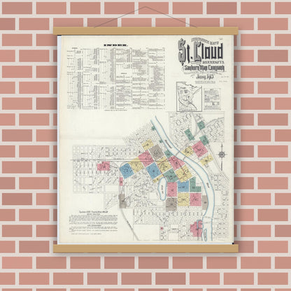 Old map wall art mockup — magnetic wood frame on brick wall — Sanborn Fire Insurance Map from Saint Cloud, Stearns, Benton, and Sherburne Counties, Minnesota (1913) - Complete Map Set