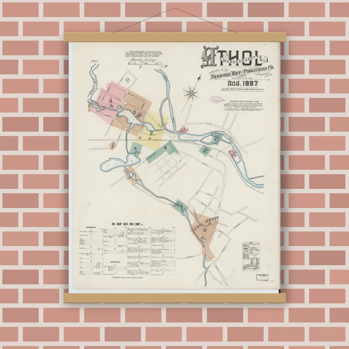 Old map wall art mockup — magnetic wood frame on brick wall — Sanborn Fire Insurance Map from Athol, Worcester County, Massachusetts (1887) - Complete Map Set
