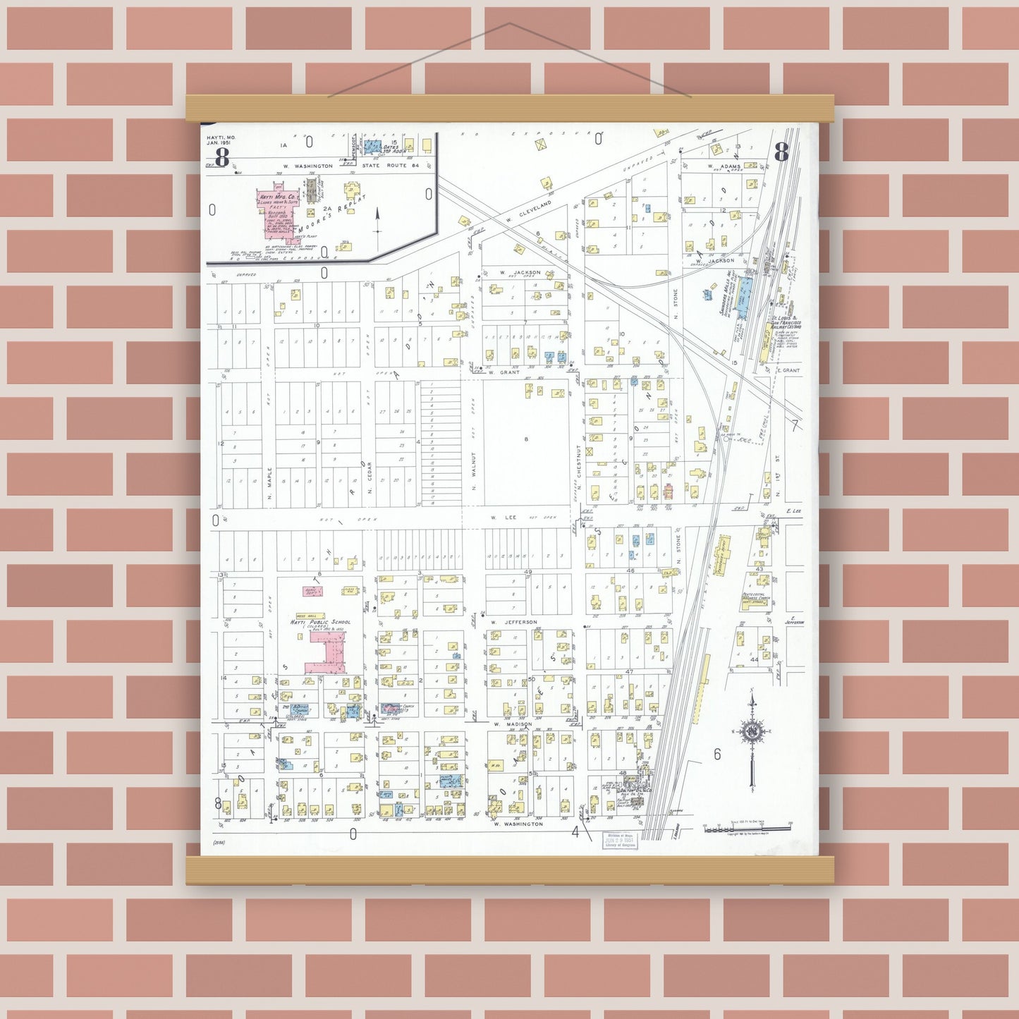 Old map wall art mockup — magnetic wood frame on brick wall — Sanborn Fire Insurance Map from Hayti, Pemiscot County, Missouri (1951), Sheet #0008