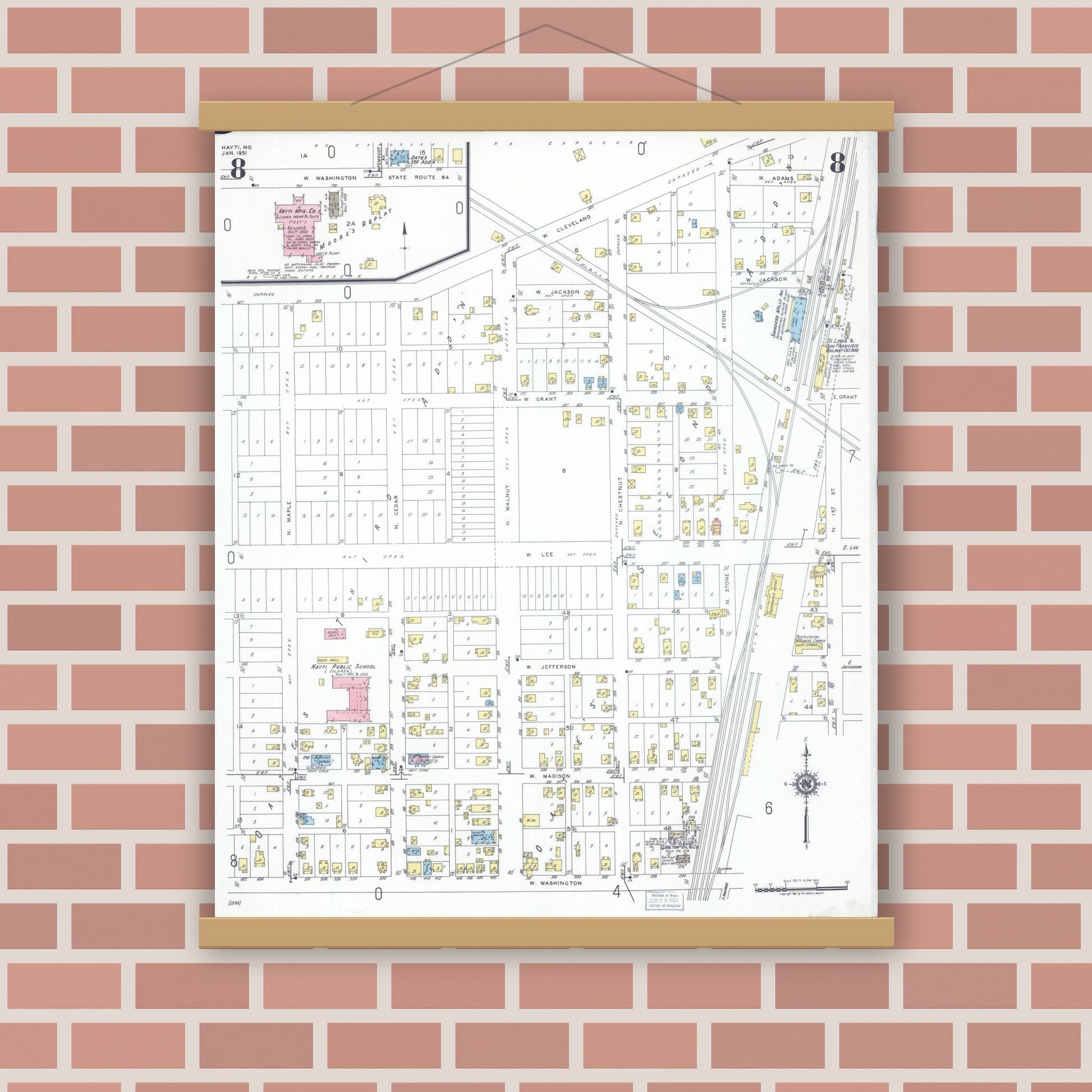 Old map wall art mockup — magnetic wood frame on brick wall — Sanborn Fire Insurance Map from Hayti, Pemiscot County, Missouri (1951), Sheet #0008