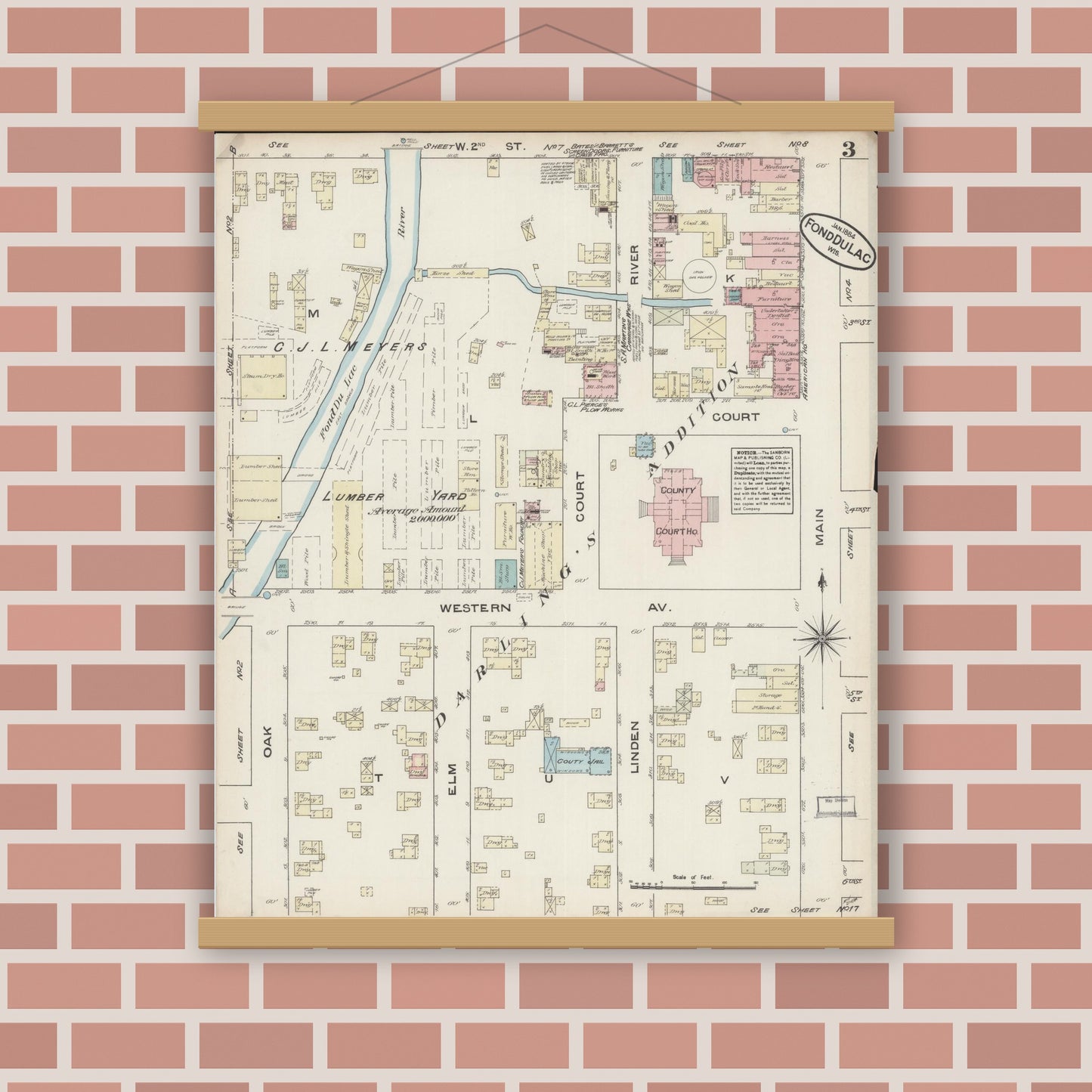 Old map wall art mockup — magnetic wood frame on brick wall — Sanborn Fire Insurance Map from Fond du Lac, Fond du Lac County, Wisconsin (1884), Sheet #0003