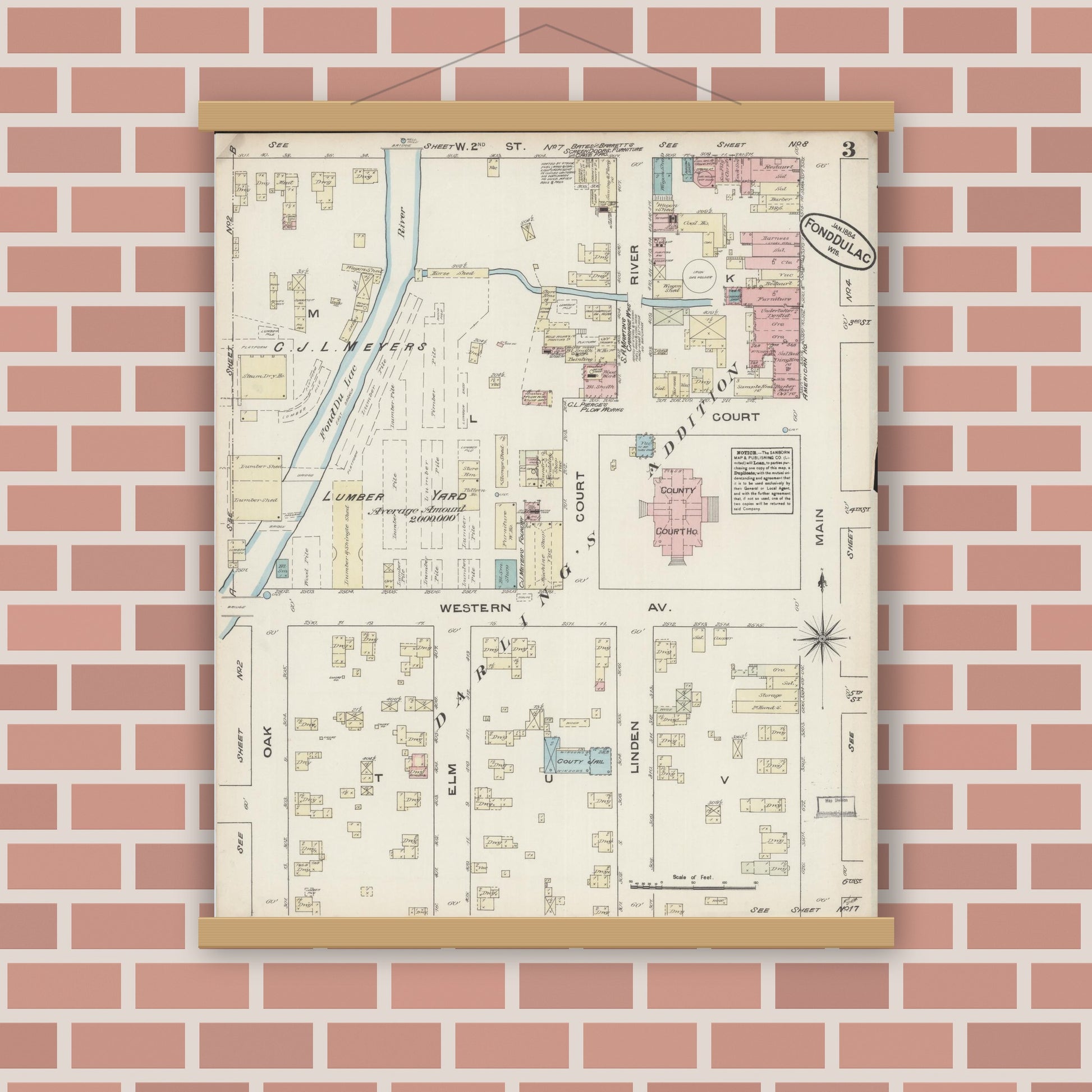 Old map wall art mockup — magnetic wood frame on brick wall — Sanborn Fire Insurance Map from Fond du Lac, Fond du Lac County, Wisconsin (1884), Sheet #0003