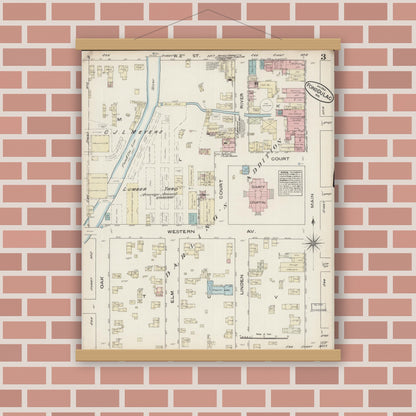 Old map wall art mockup — magnetic wood frame on brick wall — Sanborn Fire Insurance Map from Fond du Lac, Fond du Lac County, Wisconsin (1884), Sheet #0003